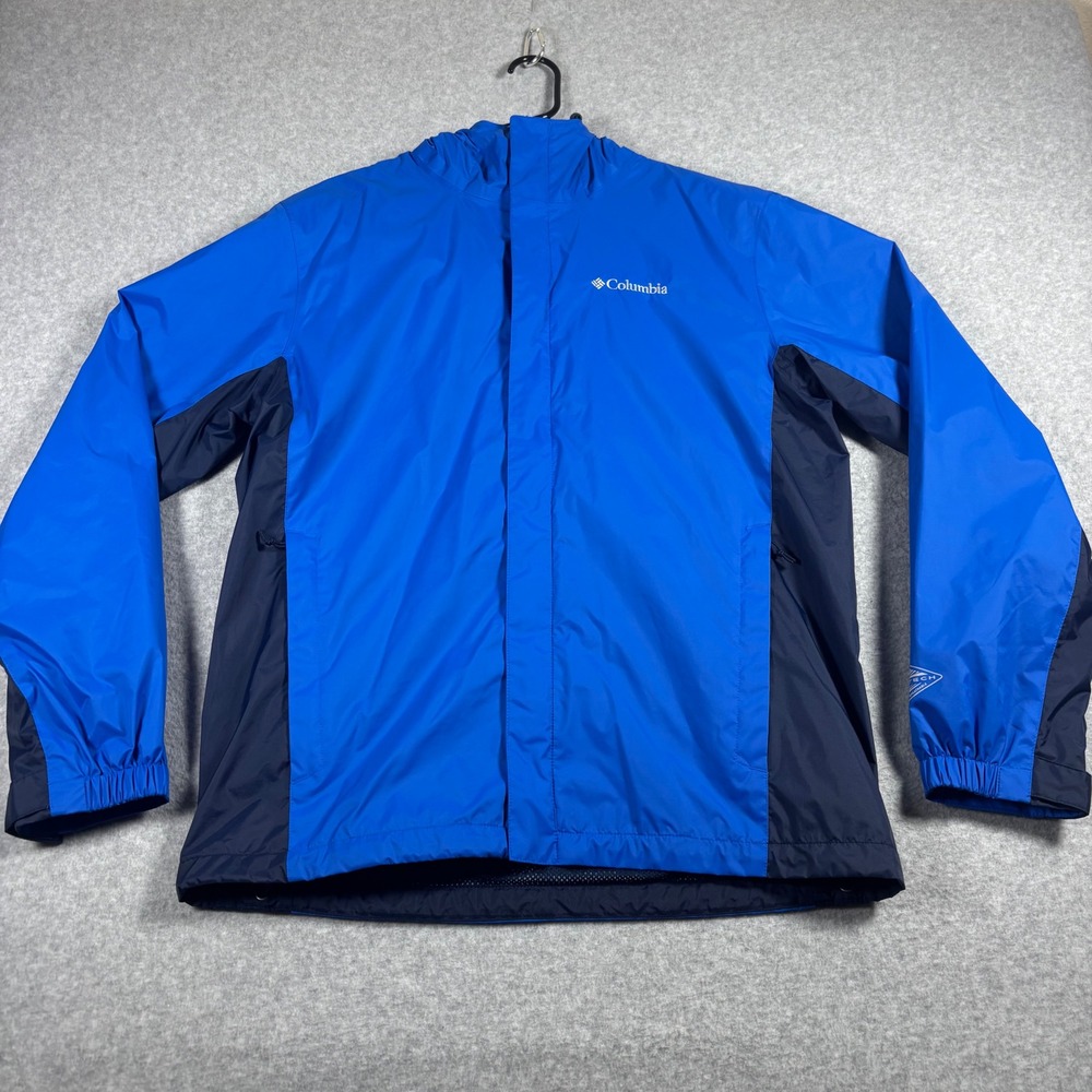 Columbia Rain Jacket Mens M Blue Omni-Tech Waterproof Hooded Shell Colorblock